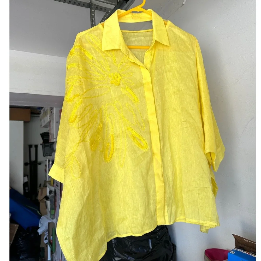 Yellow Linen Silk Women's Oversized Floral Embroidered Boho Chic Shirt Size M